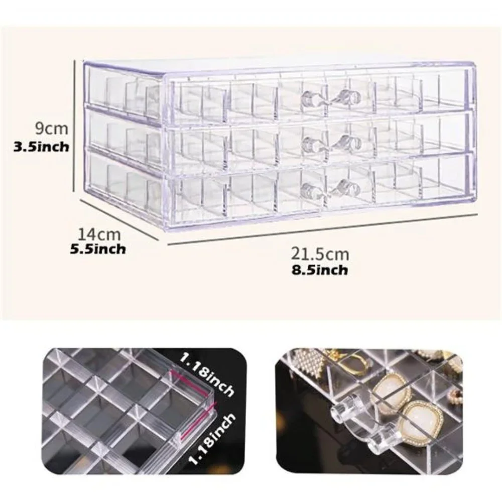 Earring Storage Box Organizer 3 Drawers Acrylic (Clear)